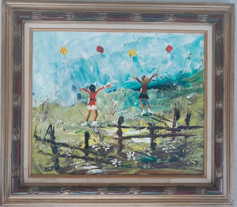 MORRIS KATZ LARGE MID CENTURY OIL/PANEL 1978 «YOUNG GIRLS/BALLOONS/SUNFLOWERS»