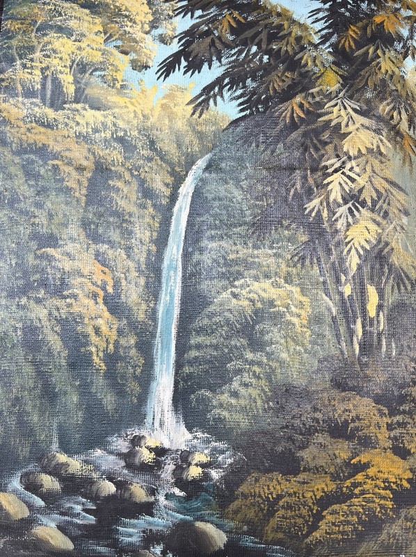 Antique Waterfall Oil Painting On Canvas Burlap Indonesian Rainforest Signed VTG