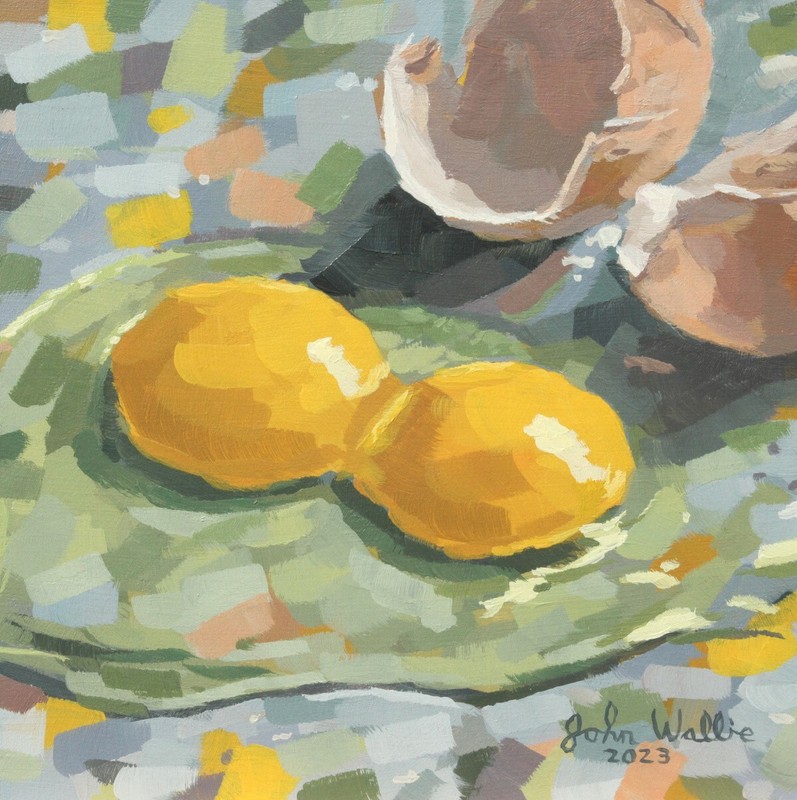 Original Still Life Painting – «Double Yolk» – 5 x 5 inch by John Wallie