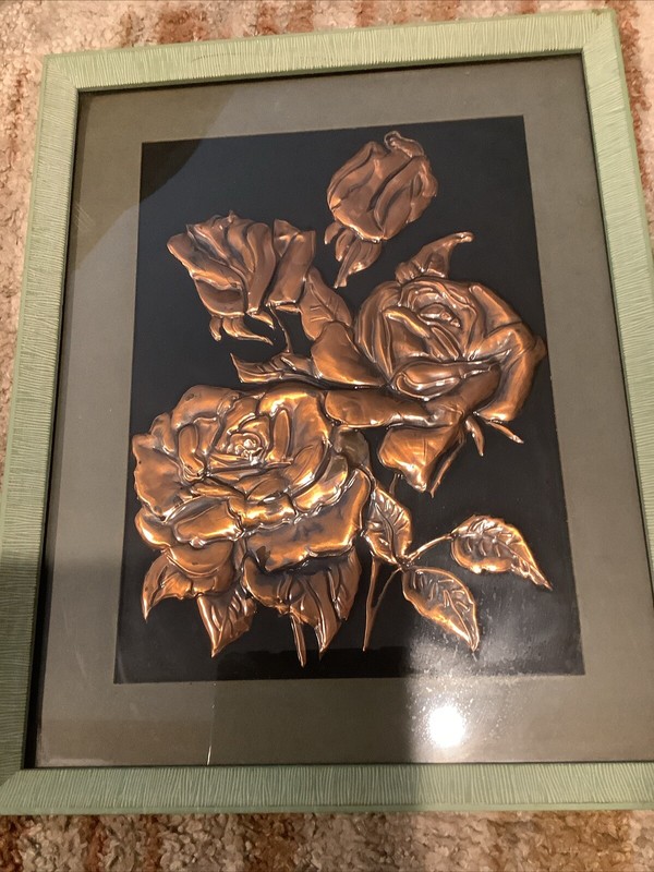 Copper Embossed Flowers – Floral Relief Style Picture – Wood Frame 12 x 15
