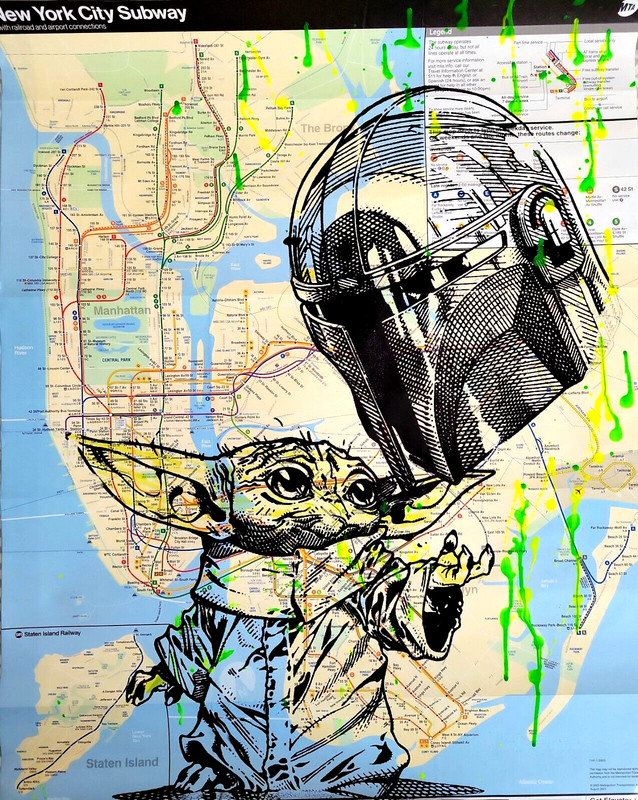 Rare Handpainted Star Wars Mandalorian and Grogu Acrylic paint on NYC Map 23×32″