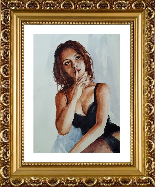 Original watercolor Beautiful girl portrait. Minimalist illustration portrait gallery