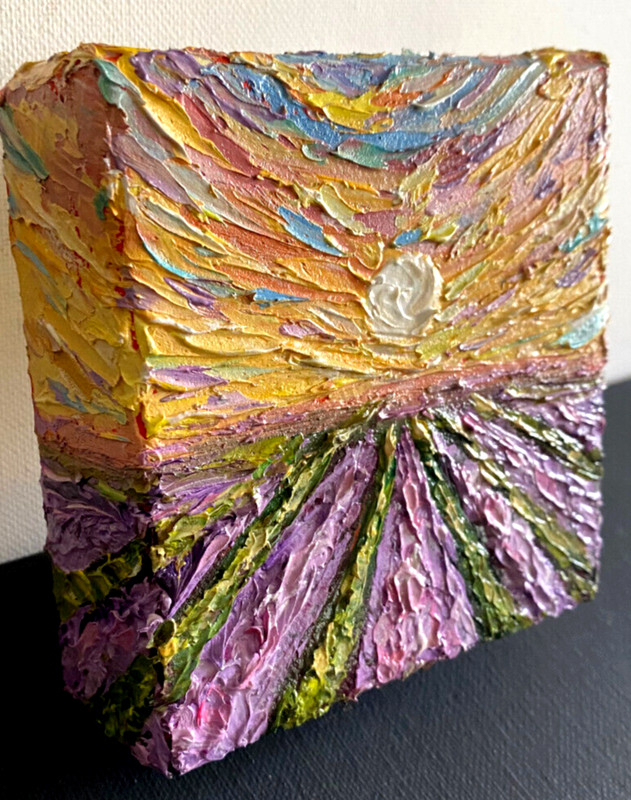 ORIGINAL OIL impasto Painting «LAVENDER FIELD» 4″X4″ X 1.5″ by Olga Diduh.