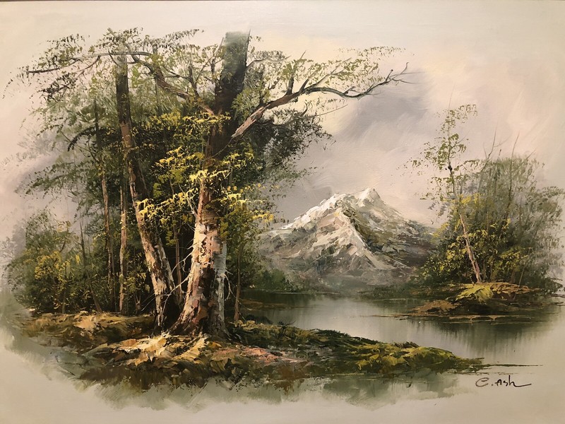 Original C. Ash Mountains Forest Water Oil Painting Large 29 x 41 in