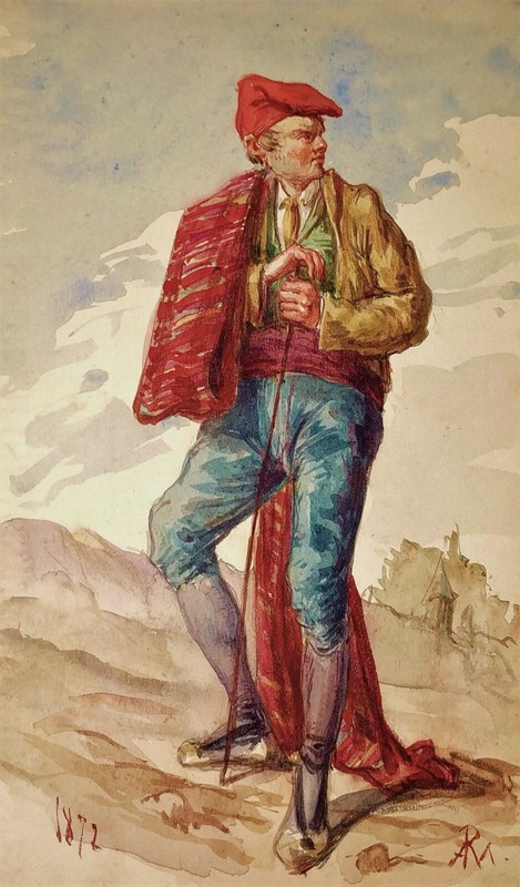 PORTRAIT OF MAN. WATERCOLOR ON PAPER. WITH ANAGRAM OF APELES MESTRES. SPAIN 1872