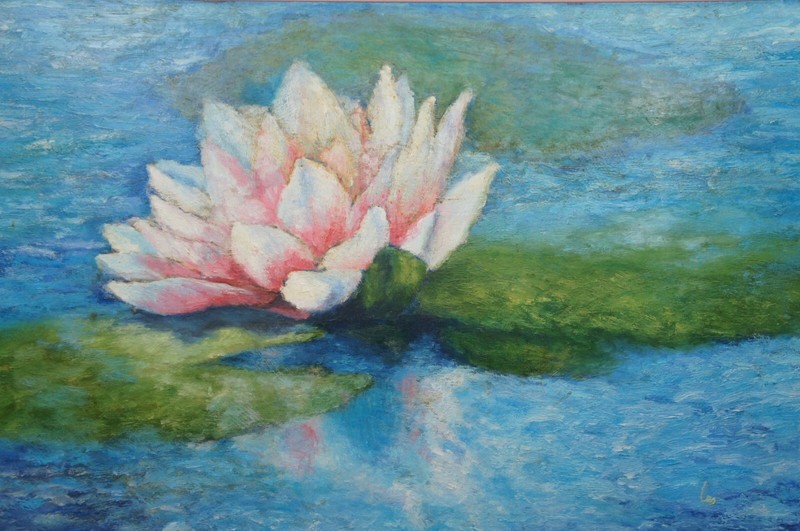 Large Vintage Impressionist Pink Water Lily Pad Oil Painting on Board 40" gallery