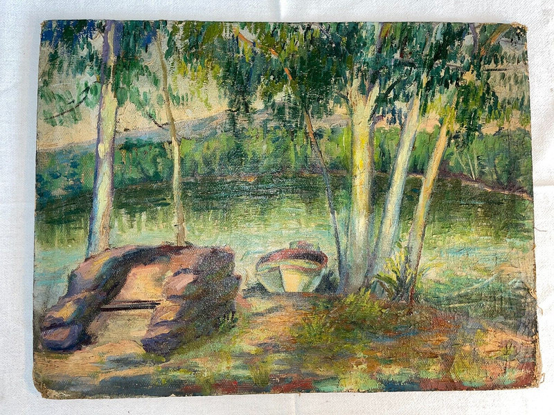Antique Lee Sherwood Oil on Board Lake Pond Boat Woods Impressionist Painting