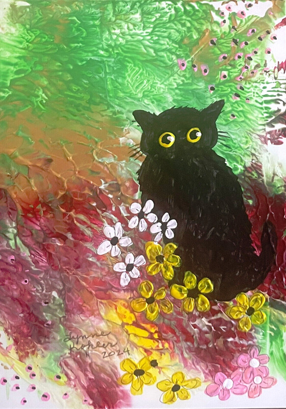 Original 5×7″ Flowers Black CAT textured painting by Lynne Kohler