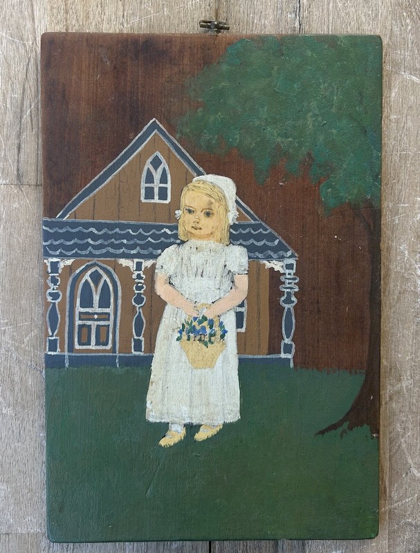 Antique Folk Art Girl Naive Painting on Wood Primitive
