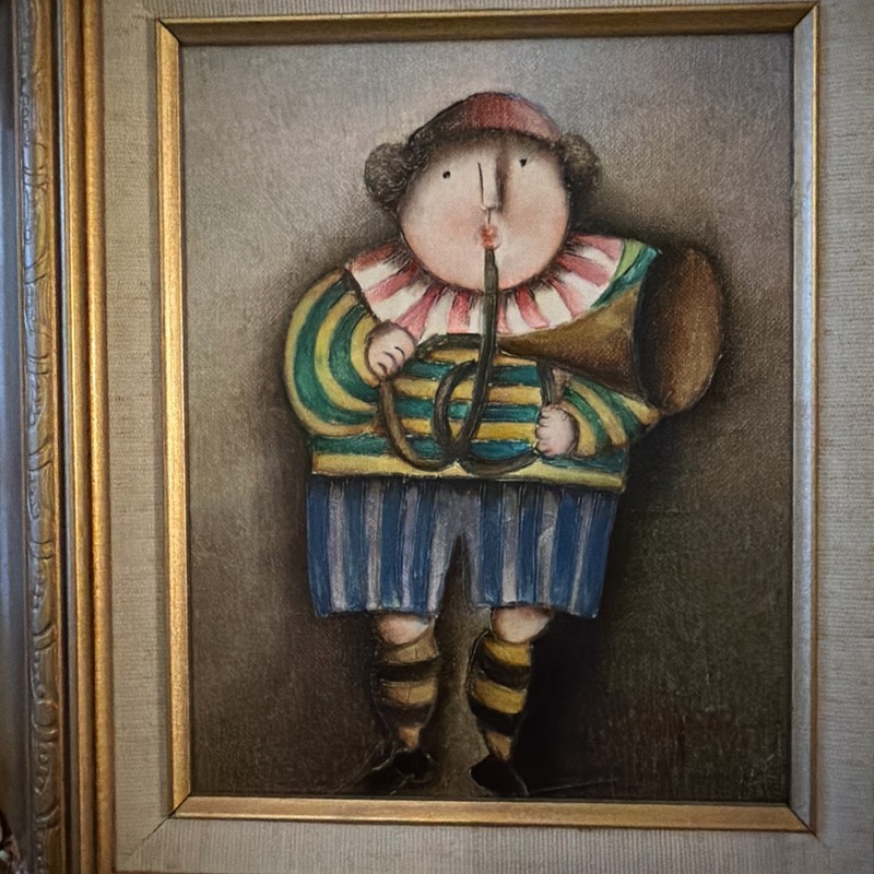 Lot 2 Signed J. Roybal Oil Paintings Lady Cello & Horn Whimsical Original Framed gallery