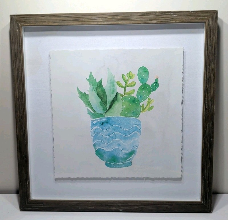 ✨New✨ Floating Framed Watercolor on Paper Succulents 14″X14″ – Framed Artwork