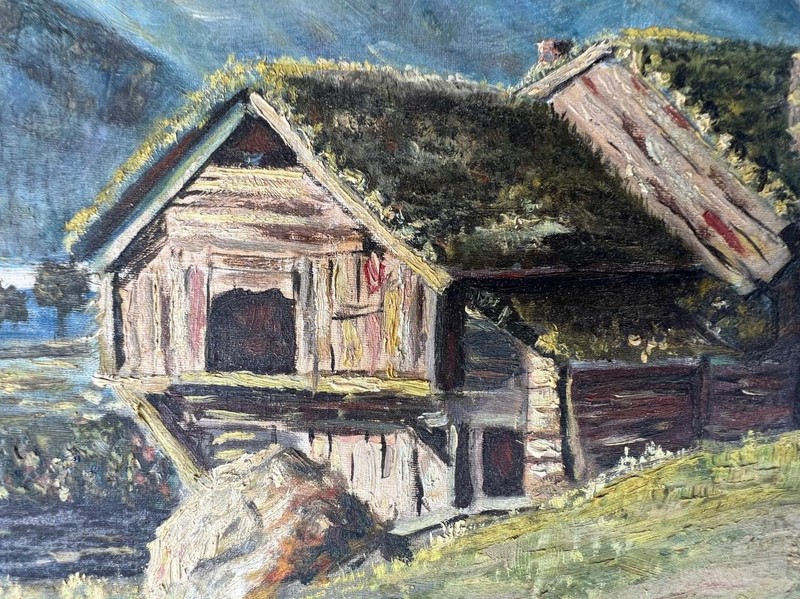 Original Artist Signed Bjolstad Oil Painting Landscape European Mountain Chalet gallery