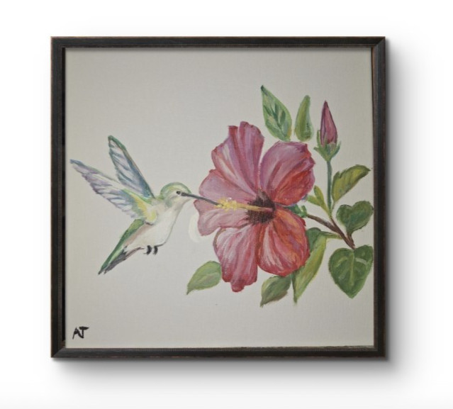 Humming Bird Hibiscus 12×12 Canvas Painting