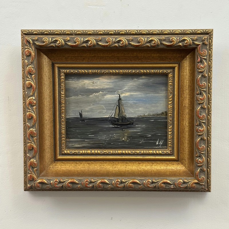 Detailed Seascape Oil Painting «Sailing Boat» Handcrafted Small Art