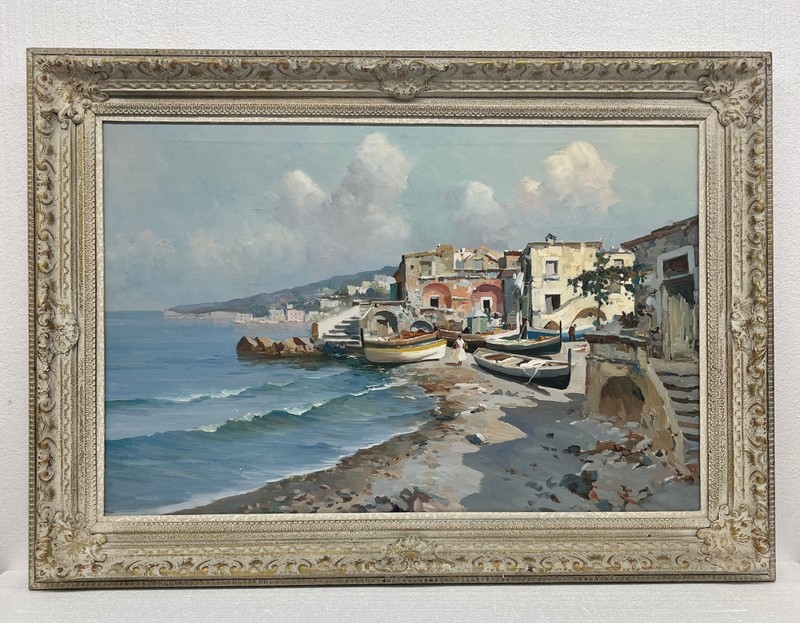 Vtg Original Italian Coast w/ Boats Art Painting – Marshall Fields Gallery Label