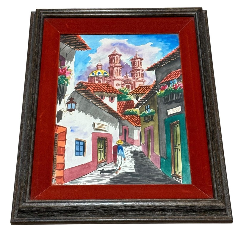 Mexican Street Scene Original Watercolor Painting Signed Santa Prisca de Taxco