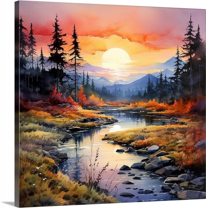 Mountains Trees River Painting Landscape Canvas Wrap 20 x 20 Wall Art