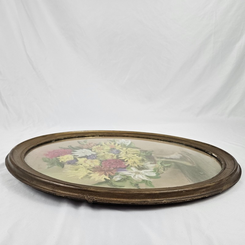 Vintage Floral Pastel Still Life Painting Oval Wood Framed Victorian Signed gallery