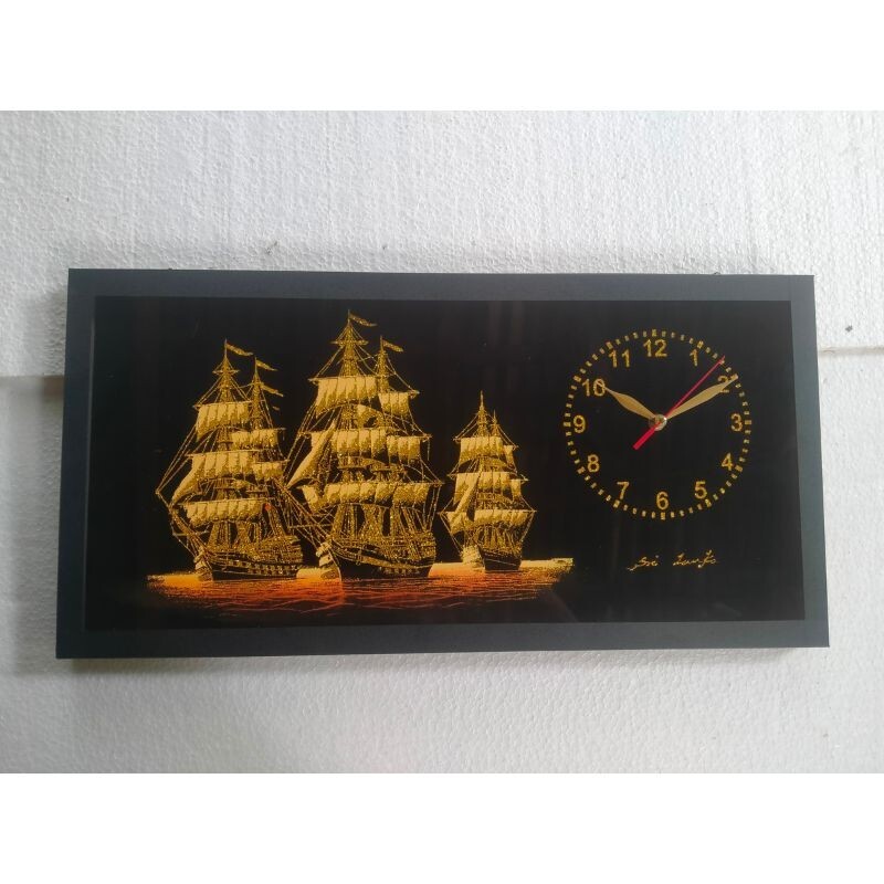 BLACK VELVET ART CLOCK Sailing Ship Fabric Painting Sri Lanka NEW