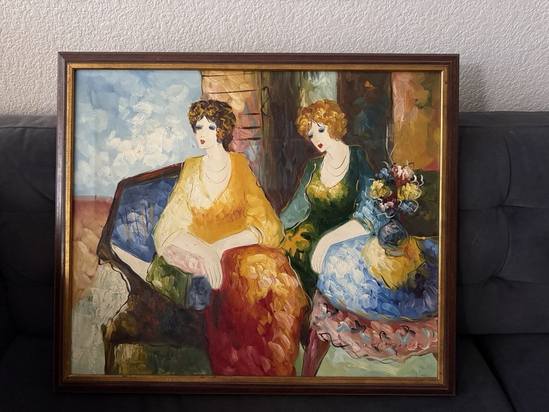 T. Denver Signed Vintage Colorful Oil Painting of Two Women | 26” X 22” Framed