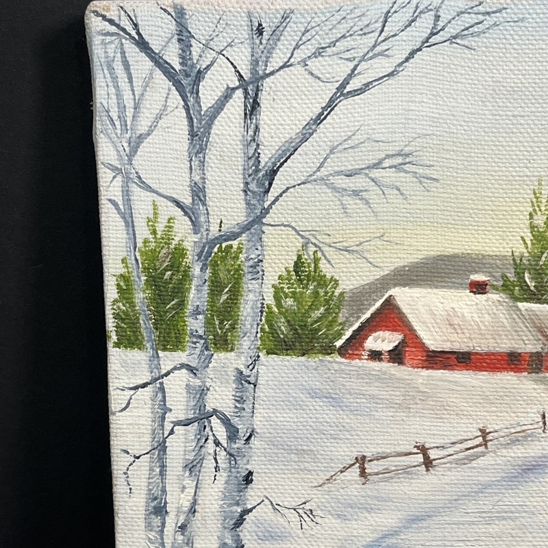 Vintage folk art mini winter landscape oil painting country farm red barn Birch gallery