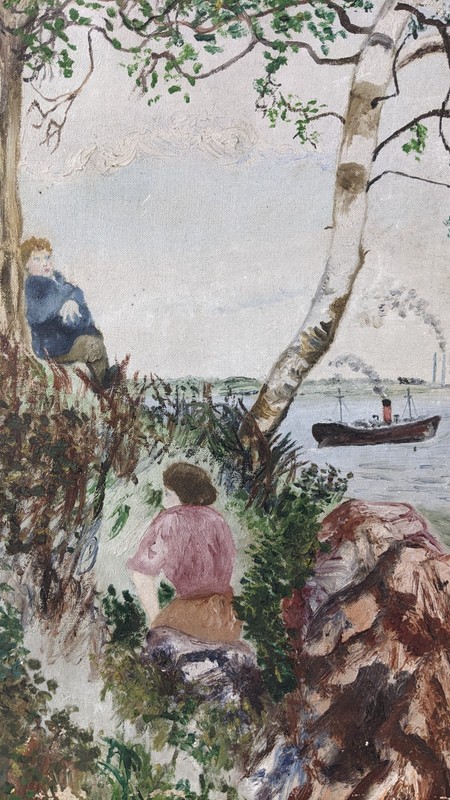 Antique 1930s Naive Primitive Landscape Oil Painting Romantic Couple Ocean Scene gallery
