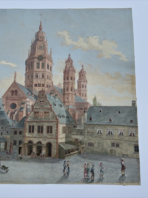 ANTIQUE PAINTING MASTERFUL ARCHITECTURE FAMILY COMMUNITY CITY TOWN WEIGAND RARE gallery