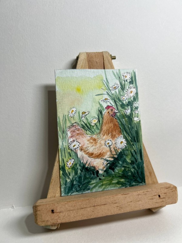 Original ACEO Watercolor Painting Hen in Daisy Garden OOAK Miniature Bird Art