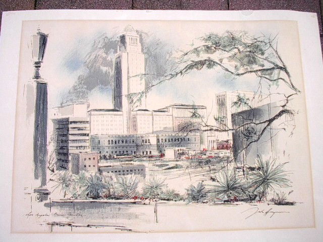 JOHN HAYMSON WATER COLOR ART PRINT OF THE LOS ANGLES CIVIIC CENTER, 20″ X 26″