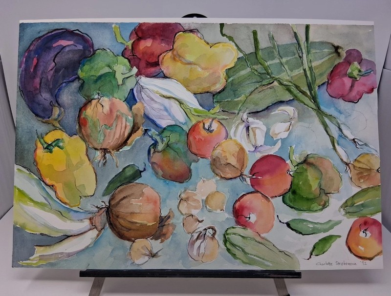 Kitchen Restaurant Art Signed Bright Fruit Vegetable Watercolor Original 13×20″
