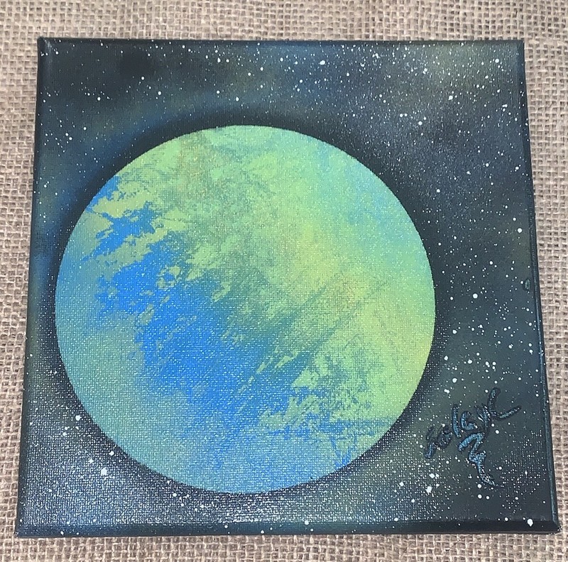 Original Signed Modern Space Earth Planet 8”Sq Canvas