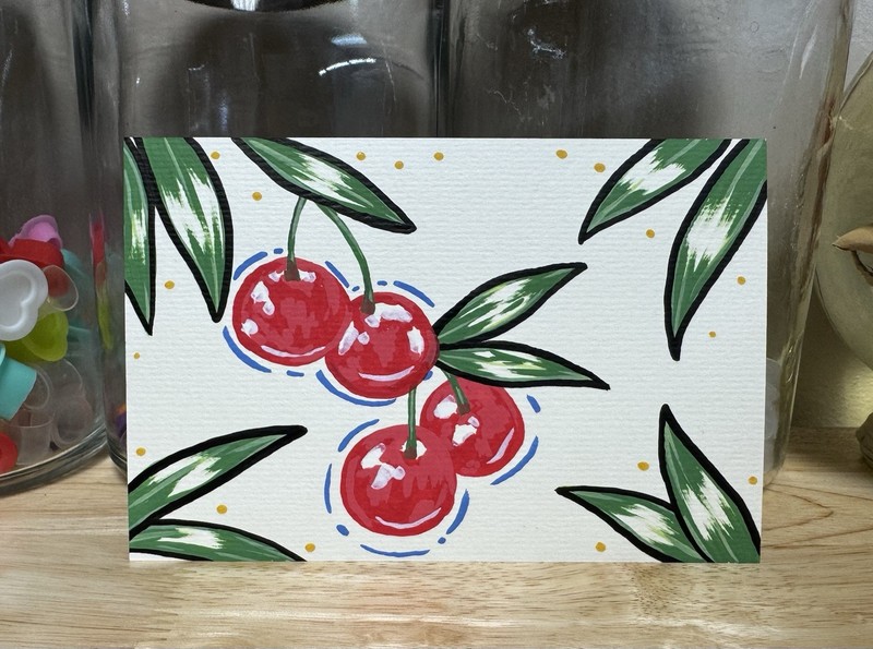 HAND PAINTED Original acrylic Marker Cherry Post Card