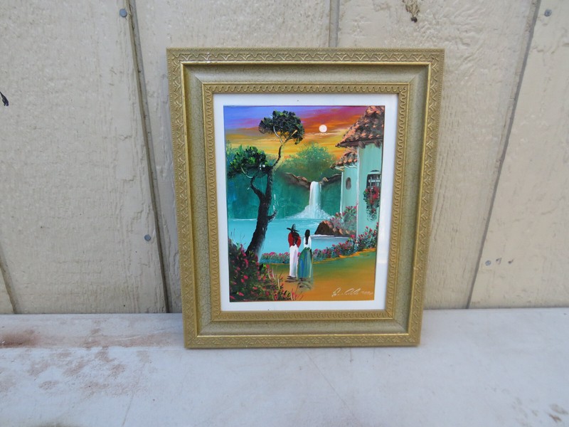 FRAMED OIL PAINTING ON TERRA COTTA TILE-RURAL ROMANTIC SUNSET SCENE SIGNED #2