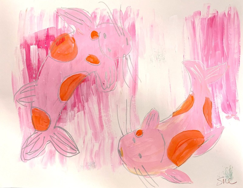 STUDY 2 Pink Koi 11 X 14″ Impressionist Abstract Acrylic Painting Paper loose