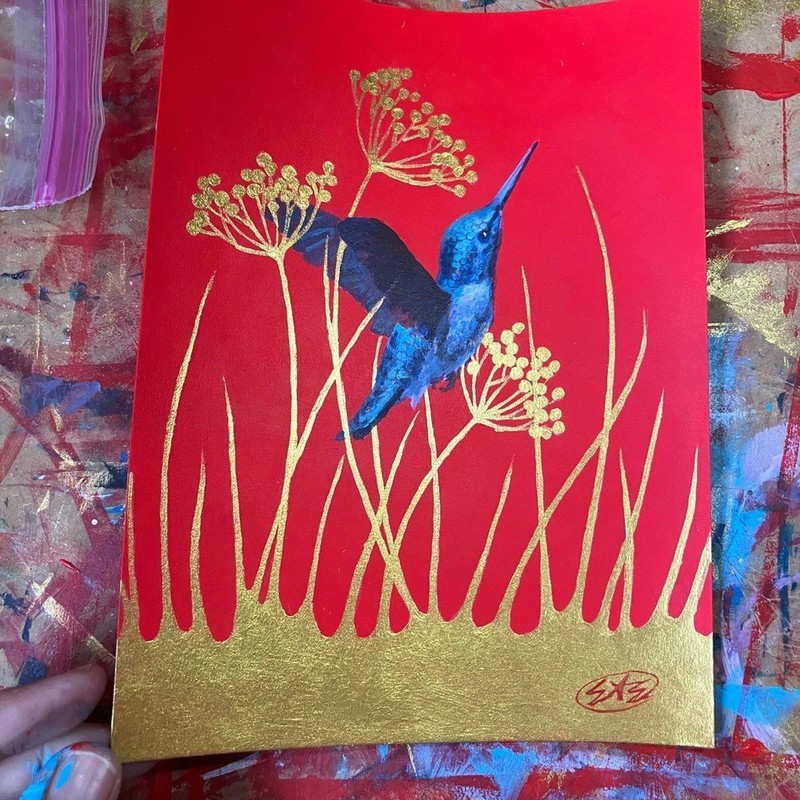Original Blue Hummingbird painting gold red bird art nature luxury By Artist USA