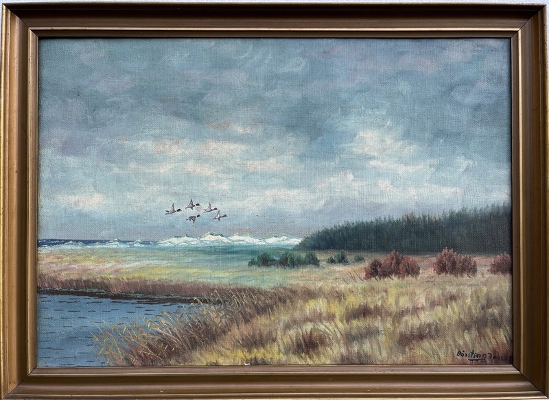 Impressionist Naturalist Coastal Landscape with Flying Ducks Nature Sky