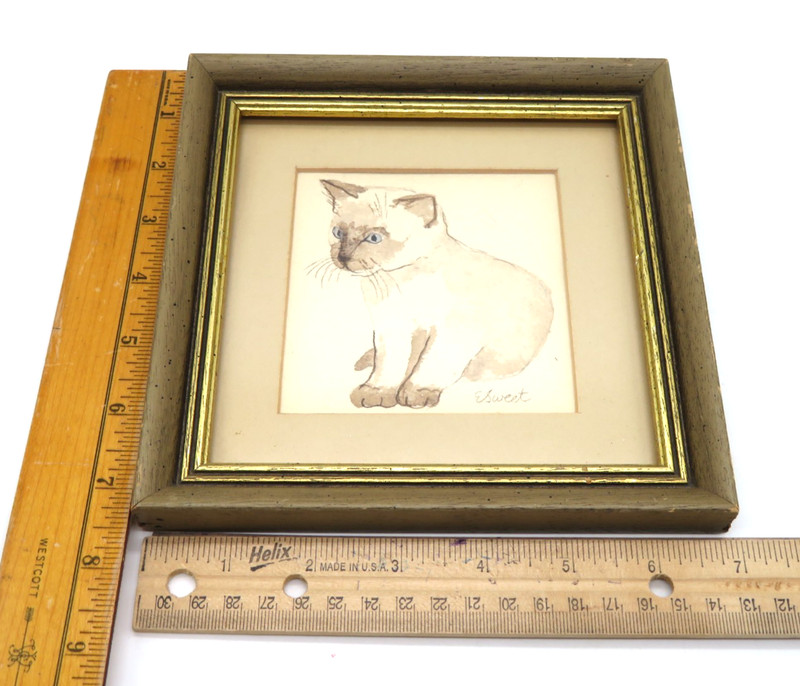 VTG Hand Drawn watercolor Siamese Kitten Framed Matted 7" square signed E Sweet gallery