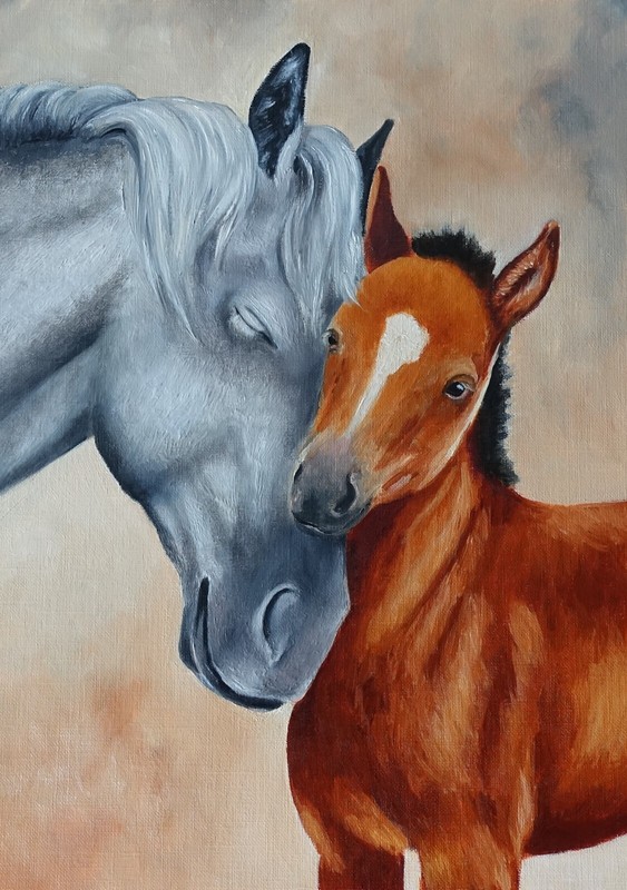 Horses oil artwork, mare and foal portrait, Horse art