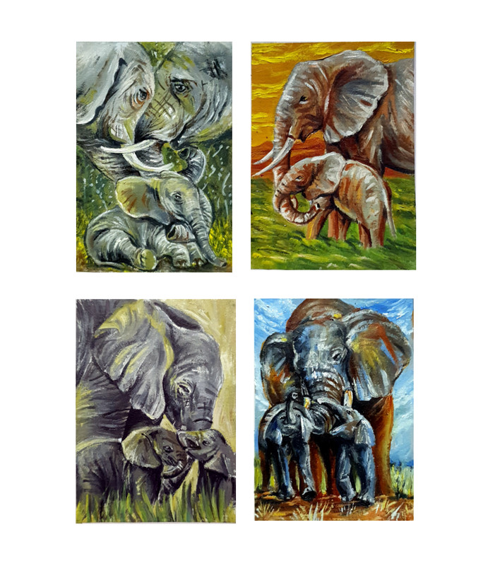 ACEO Original Oil Paint Elephants 4 Pcs Art Card Hand Painting Signed