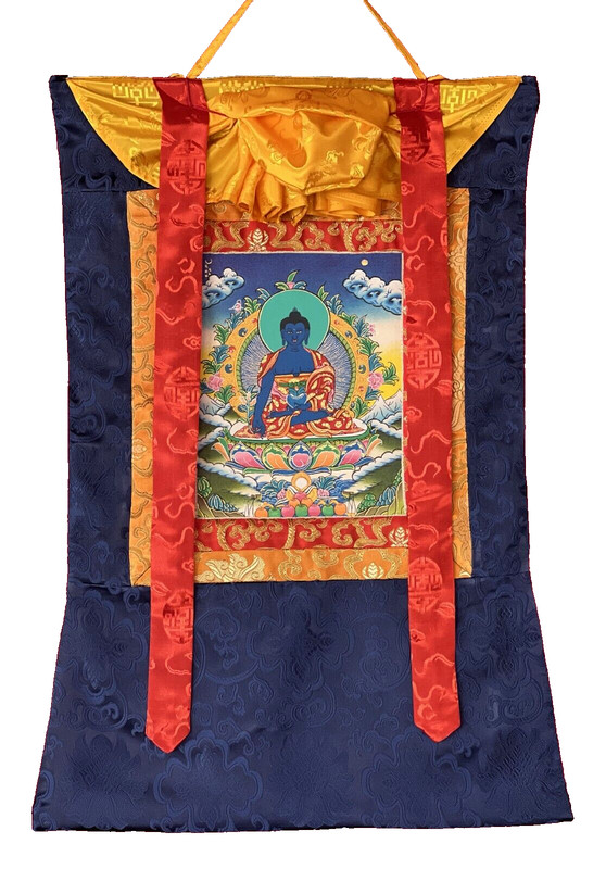 ORIGINAL HAND-PAINTED MEDICINE BUDDHA TIBETAN THANGKA PAINTING WITH SILK BROCADE