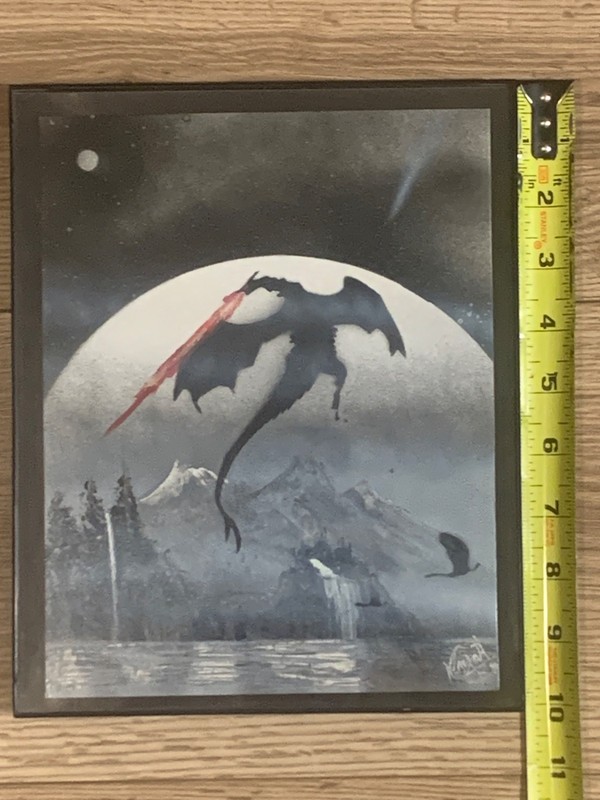 Original Hand Signed Fantasy Dragon Airbrush Painting Mixed Media Framed 8x10 gallery