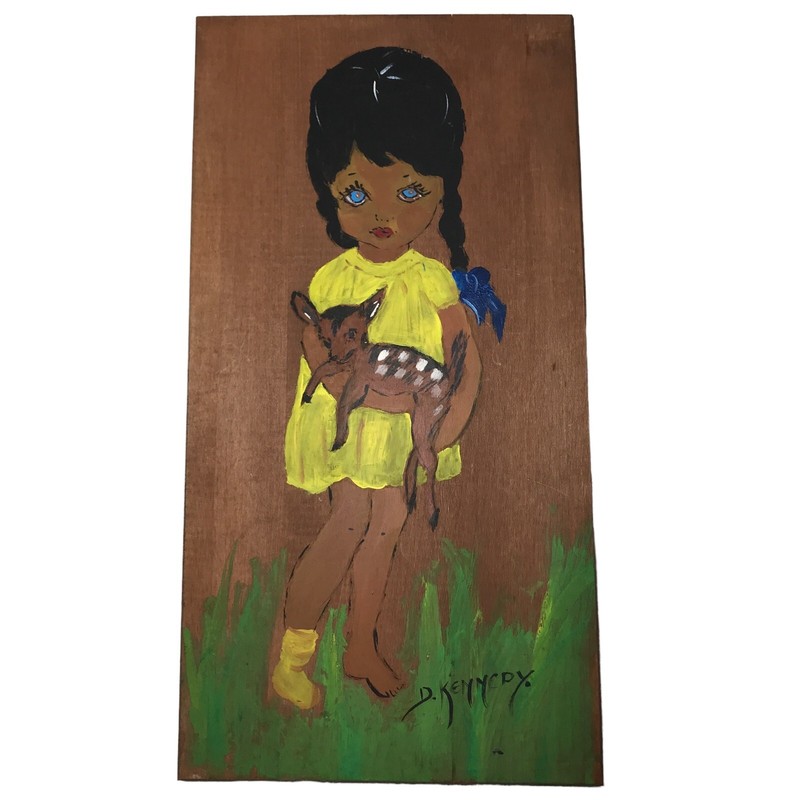 Vintage Big Head Eye Girl Fawn Painting on Wood 17×9 Handmade Wall Art OOAK