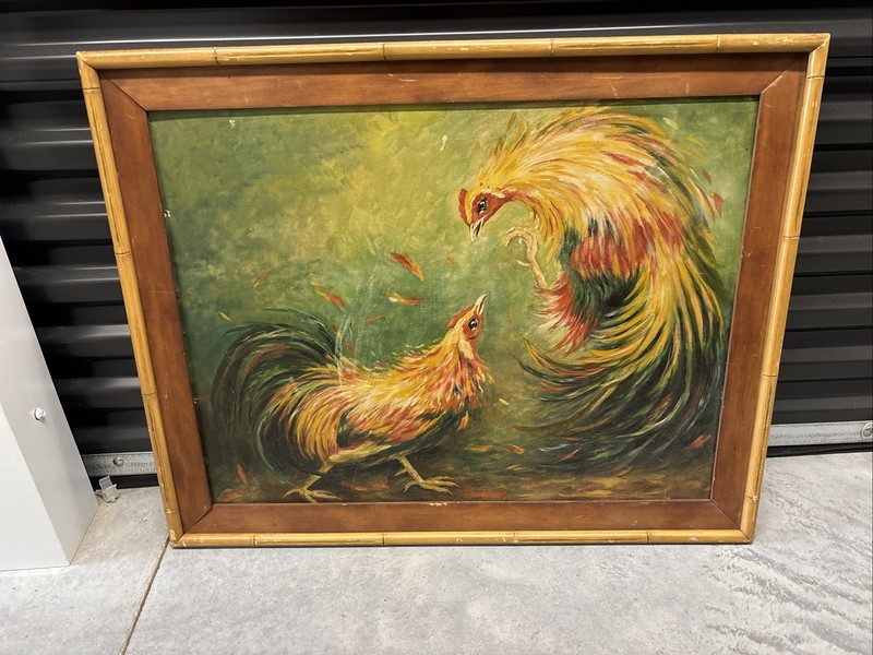 Antique/ Vintage Lesver De Quiros «Pair Of Fighting Cocks» Oil Painting