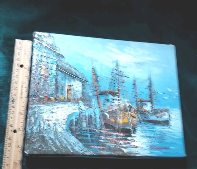 Oil Painting "Harbor Scene & Fishing Boats" on Canvas by Artist Florence 8"×10" gallery