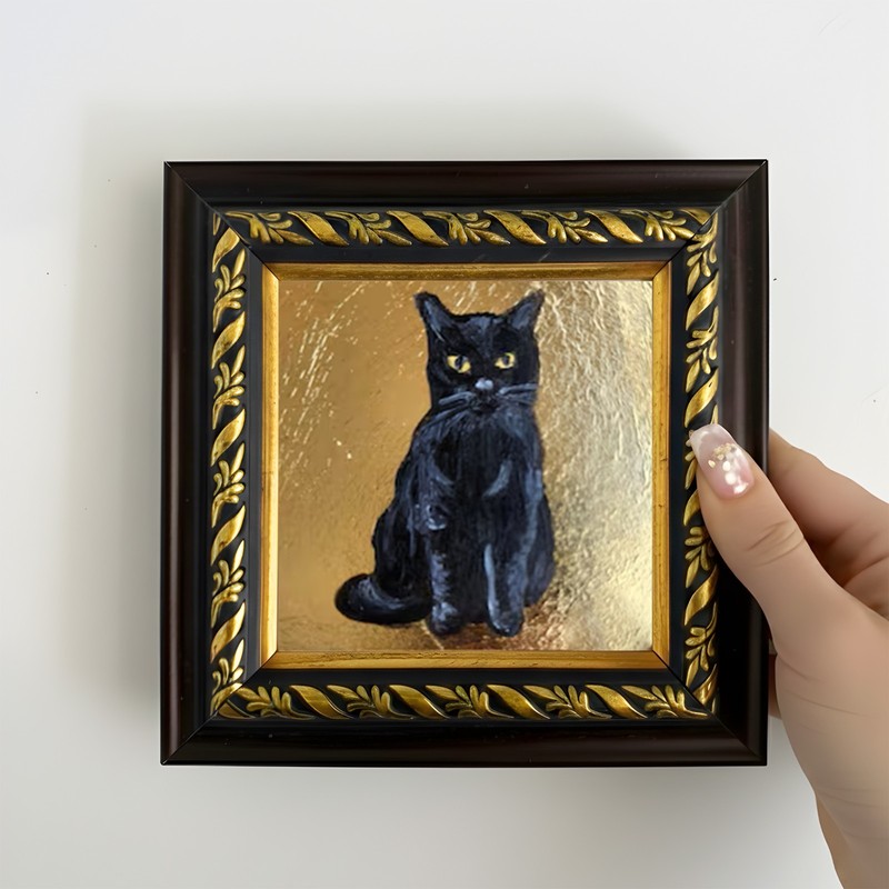 Black Cat Oil Painting Original, Animal Still Life Art, Small Framed