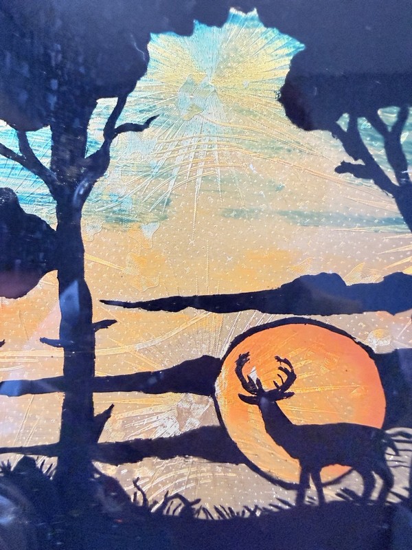 Antique Reverse Painted Glass Deer Sunset Art Foil Back 8x6 Handmade Wall Decor gallery