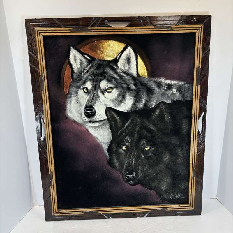 MCM Vintage David Ortiz Velvet Wolf Painting 23” X 19” Signed Vintage Retro