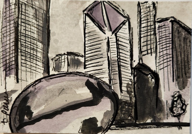 Original ACEO Downtown Chicago Bean Millenium PARK Watercolor Painting