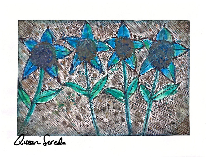 original painting 4 blue flowers mixed media 9X12 fine wall art home designs