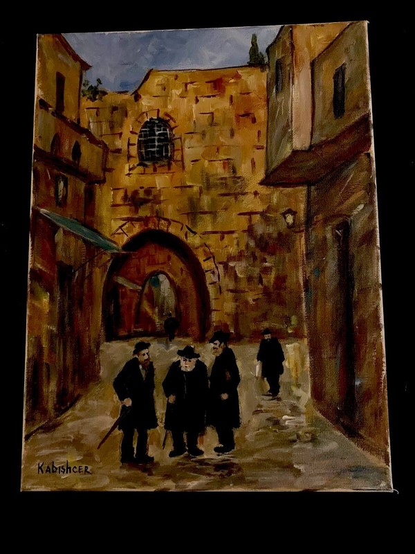 Oil Painting By Kabishcer Jerusalem Hasidic Men Mea Shearim 12” X 16”,Beautiful